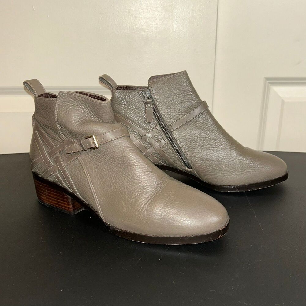 Cole Haan Taupe Leather Ankle Boots – Side Zip Buckle Booties Size 9.5B